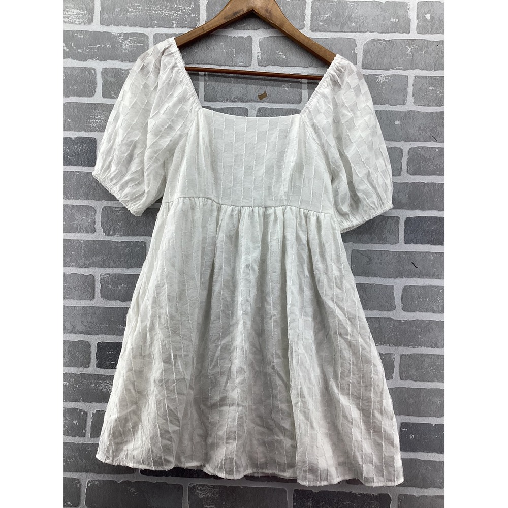 Idem Ditto White Smocked Back Puff Sleeve Mini Dress Square Neck Pockets Small